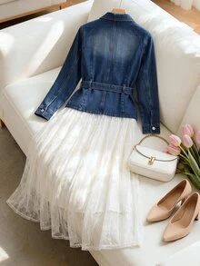 GlowEve CURVE Plus Size Button Long Sleeve Lace Patchwork Denim Dress - Medium Wash - View 3