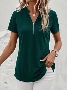 SHEIN Clasi 女款夏季休閒純色短袖T恤 - 墨綠色 - 查看 6