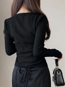 FRIFUL 女款初夏/初秋新款韓式拼色羅紋收腰顯瘦長袖T恤 - 黑色 - 查看 2