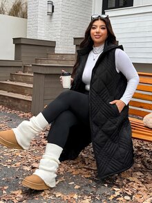 SHEIN EZwear 大尺碼女款純色休閒百搭冬季連帽填充外套 - 黑色 - 查看 2