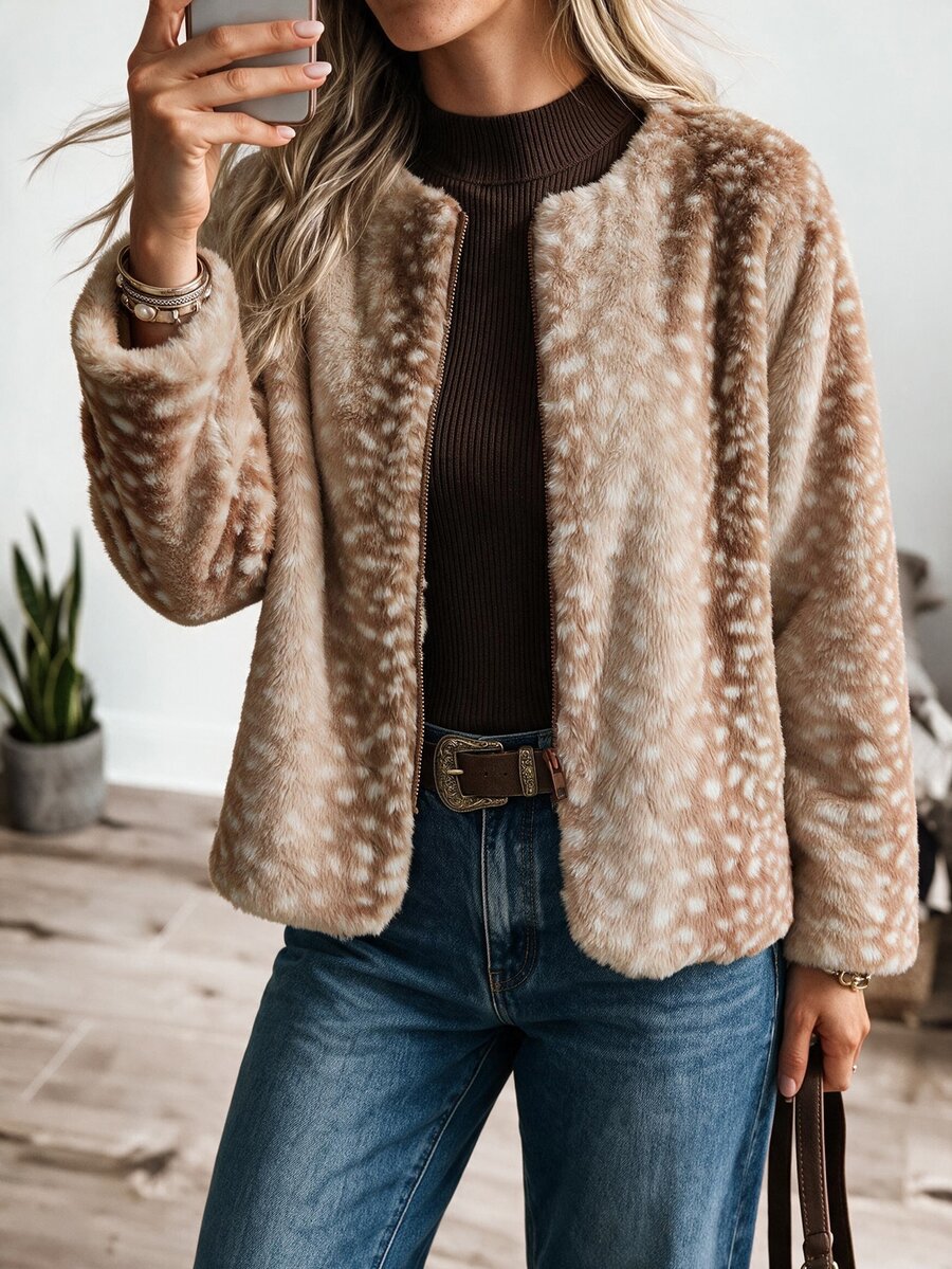 Wildy BOHO Casual Western Country Nomad Women's Autumn/Winter Leopard Print Outfit For Outing And Commuting Regular Jacket - Khaki - View 1