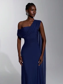 Elitara Gaun Panjang Model A-Line Elegan Berwarna Merah dengan Detail Kerut dan Hiasan Jala Angora, Satu Bahu, untuk Wanita, Cocok untuk Pernikahan, Acara Formal, dan Gaun Pengiring Pengantin. - Navy Blue - View 3