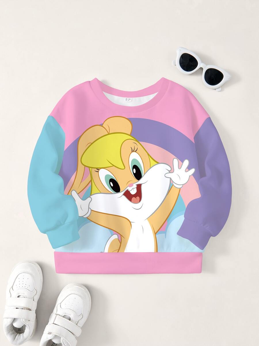 LOONEY TUNES X SHEIN Young Girl Cartoon Print Round Neck Long Sleeve Casual Sweatshirt - White - View 1