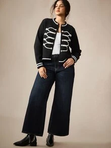 Nubod Fashion Retro Gold Button Black & White Contrast Knit Cardigan Plus Size Winter - Black - View 6