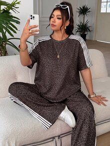 SHEIN EZwear 女款大尺碼街頭風豹紋長袖T恤與條紋拼色寬鬆長褲套裝 - 巧克力棕 - 查看 4