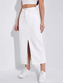 SHEIN Unity 女款休閒日常牛仔裙，附口袋、鈕扣與開衩設計 - 白色 - 查看 4