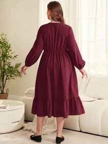 EMERY ROSE Plus Size Burgundy Ruched Button Front Ruffle Round Neck Long Sleeve Dress Fall Winter 2026 - Burgundy - View 5