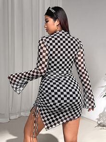 SHEIN EZwear 大尺碼女款格子立領長袖修身時尚洋裝 秋季 - 黑與白 - 查看 2