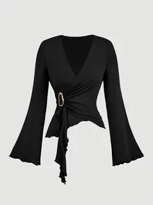 SHEIN MOD 女款休閒純色V領長袖T恤，秋冬款，女款萬聖節服裝，女款休閒穿搭，棕色，棕色上衣&黑色上衣 - 酒紅色 - 查看 8