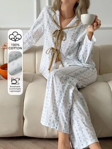 DAZY Women's Ditsy Floral Front Tie Long Sleeve Top And Long Pants Pajama Set - White - View 1