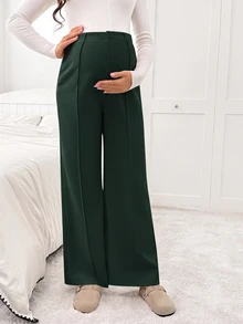 SHEIN 孕婦純色休閒百搭日常穿著長褲 - 墨綠色 - 查看 4