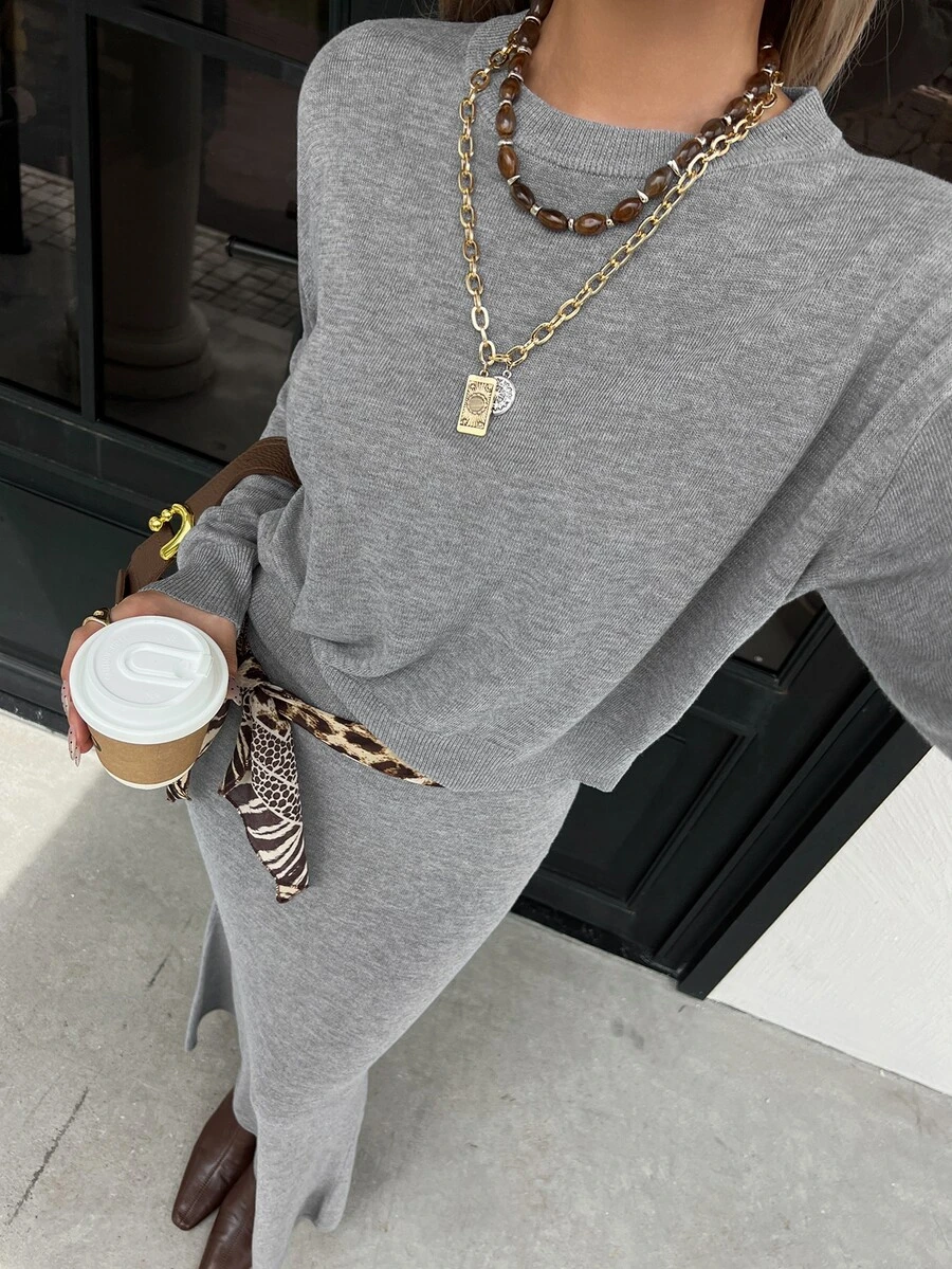 Livesso Setelan 2 Potong Sweater Kasual Musim Gugur/Dingin Wanita & Rok Rajut Ekor Ikan - Grey - View 1