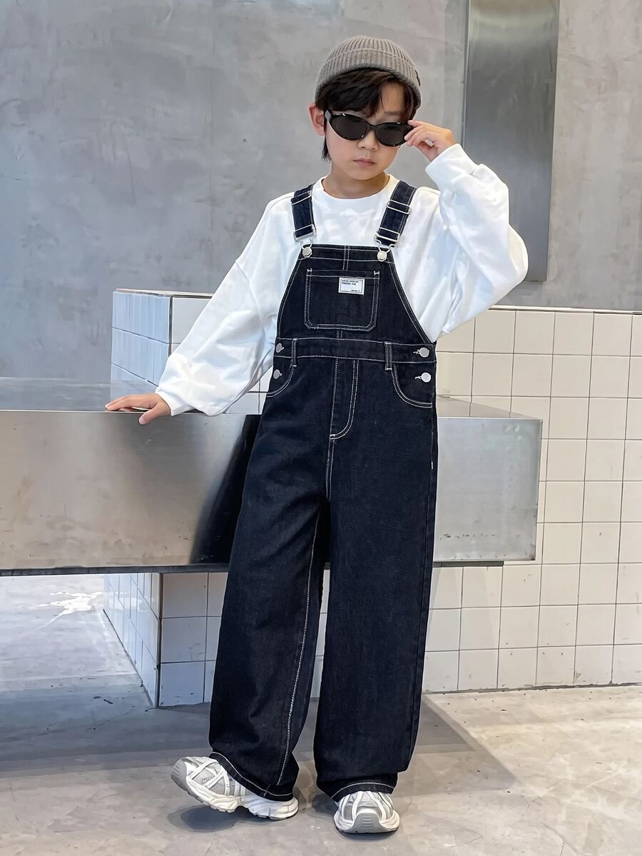 SHEIN Celana Jeans Denim Longgar, Nyaman, Sederhana, Bertekstur Halus, Hangat, dan Bergaya untuk Kepergian ke Sekolah (Warna Hitam) - Biru - View 1