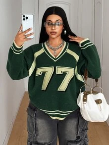 Maweii Sweater Pullover Wanita Ukuran Besar, Nomor 77, Gaya Akademik, Musim Wisuda, Musim Gugur/Dingin - MultiWarna - View 1