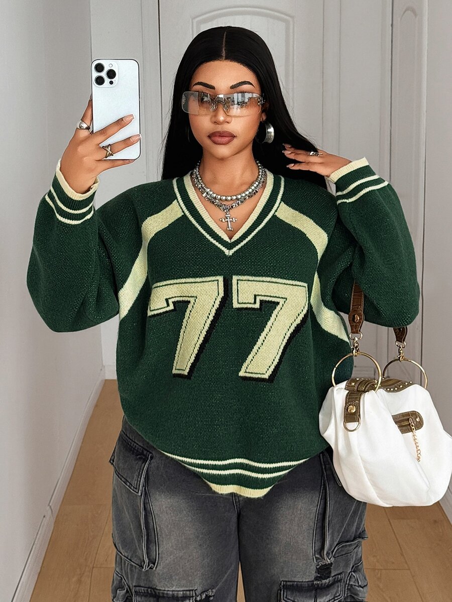 Maweii Sweater Pullover Wanita Ukuran Besar, Nomor 77, Gaya Akademik, Musim Wisuda, Musim Gugur/Dingin - MultiWarna - View 1