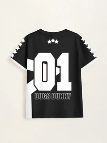 LOONEY TUNES X SHEIN 青少年男孩休閒卡通印花圓領短袖T恤 - 白色 - 查看 9