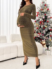 SHEIN Maternity Fashion Elegant Commute Rhinestone Embellished Fitted Dress - Brown - View 3
