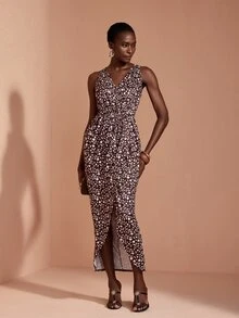 JIAN LASALA Knit Sleeveless V Neckline Overlapping Ruched Drape Long Dress Elegant Vacation - Multicolor - View 5