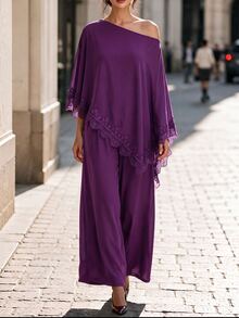 Editum Women's Asymmetrical Lace Patchwork One-Shoulder Top And Loose Pants 2 Pieces Set - Purple - View 4