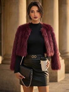 Editum Women's Solid Color Fashion Versatile Winter Faux Fur Coat - Red - View 4