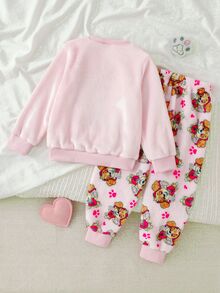 SHEIN | PAW Patrol GraphicGems 秋冬雙面法蘭絨女童幼兒居家服 2 件套，可愛卡通聯名印花圖案，精緻小狗刺繡，粉色長袖上衣搭配滿版小狗印花長褲 - 粉色 - 查看 2