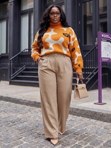 Slaydiva Plus Size Vacation Jacquard High Neck Long Sleeve Pullover Sweater - Orange - View 5