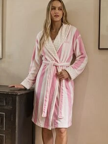 Aralina 女款秋冬可正反穿可愛柔軟刷毛紋理條紋對比色睡衣 - 粉色 - 查看 10