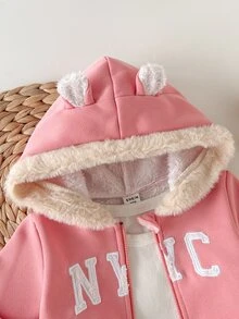 SHEIN 女嬰秋冬針織仿皮草可愛3D耳朵字母刺繡長袖連帽衛衣與針織仿皮草長褲2件套，適合外出、派對及其他場合 - 粉色 - 查看 4