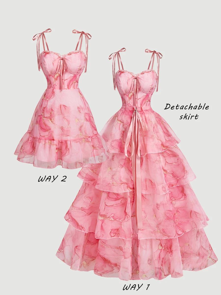 SHEIN MOD Gaun Musim Panas Elegan Ukuran Plus dengan Motif Marmer, Tali Bahu Tipis, dan Rok Bertingkat - Berwarna merah muda - View 1