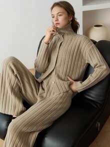 Dazy-Less Women's High Neck Button Long Sleeve Sweater And Pants 2 Pieces Set - Khaki - View 1