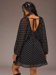 Freevana Elegant Women Chiffon Black Polka Dot Deep V-Neck Ruffle Long Balloon Sleeve Flowy Short Dress - Black - View 2