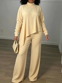 INAWLY Solva Women's Solid Color Stand Collar Long Sleeve Top And Pants Casual Daily 2 Pieces Set - Apricot - View 2