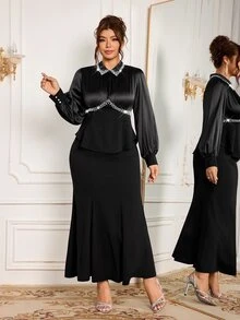 Modelyn 優雅純色珍珠裝飾翻領長袖收腰修身上衣與純色鬆緊腰魚尾修身裙大尺碼兩件套 春秋款 - 黑色 - 查看 4