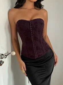 Aloruh Women's Chic Fall/Winter Violet Strapless Corset Top, Backless Crop Top, Tight Bustier, Mesh Knit, Club Wear, Night Out, Rave Party, Casual Sexy - Purple - View 5