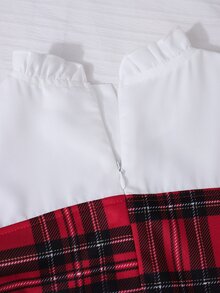 SHEIN 女童學院風 2-in-1 紅色格紋印花洋裝，長袖荷葉領優雅連身裙，厚格紋布料，適合秋冬、聖誕節、舞會、派對、開學及其他場合 - 紅色 - 查看 7