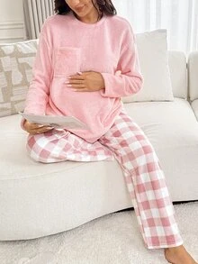 Slowluna Maternity Solid Color Drop Shoulder Long Sleeve Pocket Top And Adjustable Waist Plaid Pants 2 Pieces Set - Pink - View 4