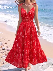 Breezaya Women's Floral Print Shirred Waist Vacation Dress - Red - View 5