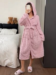 Napfluff Women's Casual Pink Jacquard Velvet Open Front Hooded Loungewear Robe - Pink - View 4