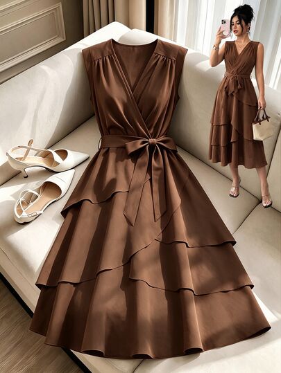 GlowEve V-Neck Sleeveless Fashion Elegant Multi-Layer Ruffle Hem French Vintage Cinched Waist A-Line Casual Commute Women's Dress
