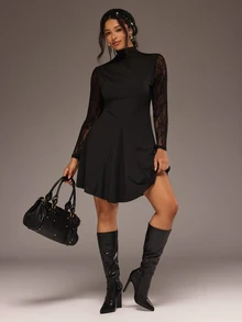 Freevana Plus Size Elegant Commuter Lace Patchwork Stand Collar Dress - Black - View 4