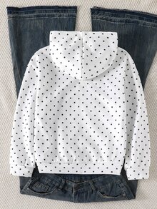 SHEIN Sparklyn 秋冬女款連帽拉鍊外套，混搭街頭風休閒款，針織布料運動衫，微寬鬆版型，校園風白色波點深藍色 - 白色 - 查看 2