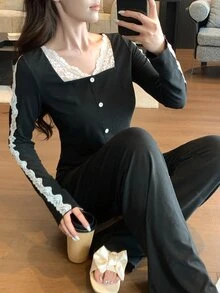 DAZY Women's Lace Trim Top And Pants Pajama Set - Black - View 6