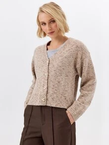 KÆRIA Hus Cropped V Neck Button Cardigan - Nep Heritage Knit - Oatmeal - Elegant, Casual, Luxury, Layering - Khaki - View 5