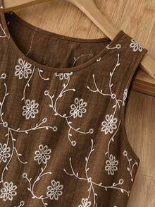 Rusticease 女款刺繡圓領休閒鄉村風百搭背心，棕色花卉度假夏季款 - 棕色 - 查看 3
