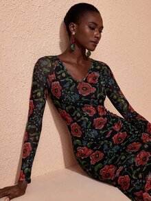 JIAN LASALA Gaun Panjang Bermotif Bunga Jala dengan Leher V dan Lapisan Ruffle Ganda di Bagian Bawah, Gaun Liburan Elegan - MultiWarna - View 6