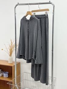 DAZY Women's Button Half-Zip Hooded Sweatshirt And Pants 2 Pieces Set - Grey - View 3