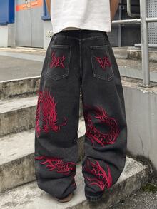 STEELVANCE Street Style Vintage Fashion Versatile Distressed Washed Embroidered Design Loose Straight Leg Wide Leg Casual Denim Jeans (Belt And Accessories Not Included) - Black - View 2