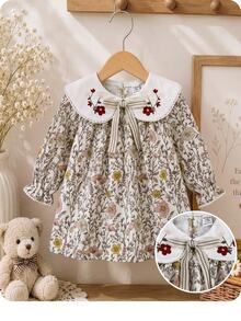 SHEIN Babygirl Cute Floral Pattern Peter Pan Collar Preppy Style Doll Dress - Multicolor - View 9
