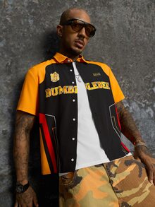 Transformers X SHEIN Men's Letter Print Single-Breasted Short Sleeve Shirt - Yellow - View 2