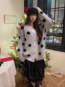 DAZY 女款波點拼色長袖韓式寬鬆開襟毛衣外套，秋冬款 - 藍色 - 查看 4